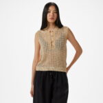 Brooks Brothers Bisiklet Yaka Düğmeli Kolsuz Ajurlu Simli Kadın Sarı Kazak