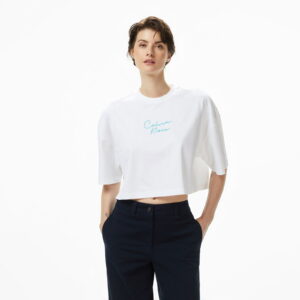 Calvin Klein Cropped Boxy Chain Stitch Logo Kadın Beyaz T-Shirt