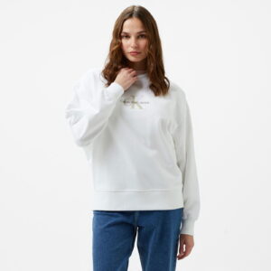 Calvin Klein Jeans Textured Monologo Crewneck Kadın Beyaz Sweatshirt